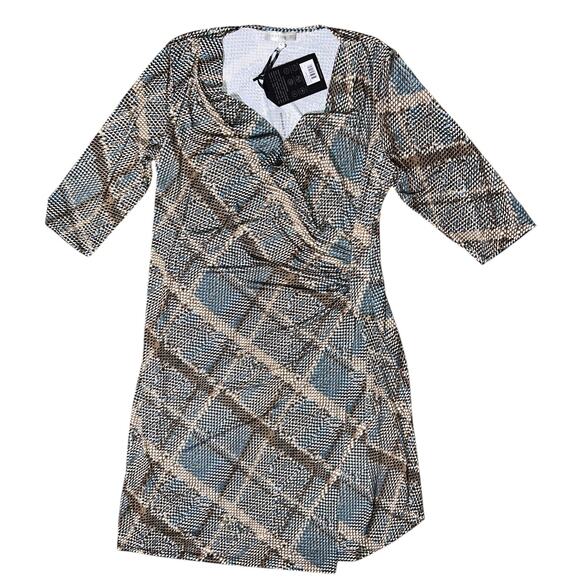 NWT Anatomie Faux Wrap Printed Marine Reptile Plaid Stretch Dress Women's Large - Picture 1 of 7